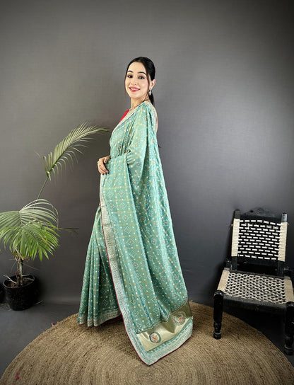 Elora Sea Green Vichitra Silk Bandhej Bandhani With Stone & Sequence Work Saree
