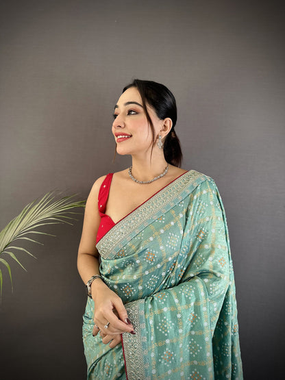 Elora Sea Green Vichitra Silk Bandhej Bandhani With Stone & Sequence Work Saree