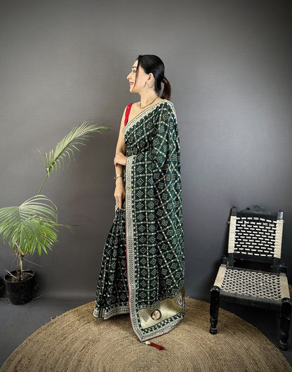 Elora Dark Green Vichitra Silk Bandhej Bandhani With Stone & Sequence Work Saree