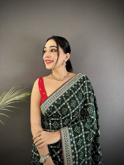 Elora Dark Green Vichitra Silk Bandhej Bandhani With Stone & Sequence Work Saree