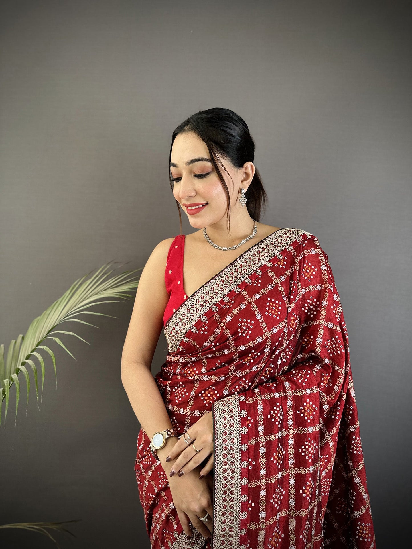 Elora Maroon Vichitra Silk Bandhej Bandhani With Stone & Sequence Work Saree