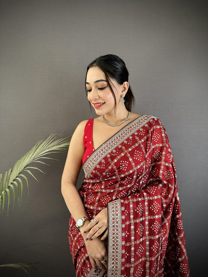 Elora Maroon Vichitra Silk Bandhej Bandhani With Stone & Sequence Work Saree