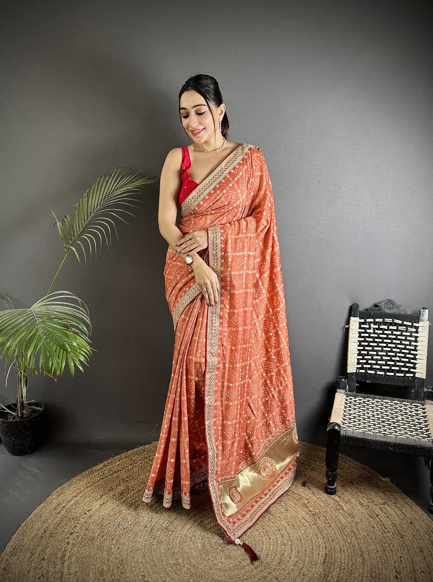 Elora Peach Vichitra Silk Bandhej Bandhani With Stone & Sequence Work Saree