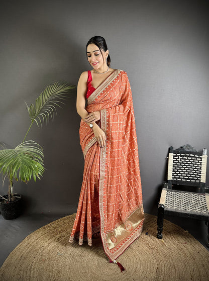 Elora Peach Vichitra Silk Bandhej Bandhani With Stone & Sequence Work Saree