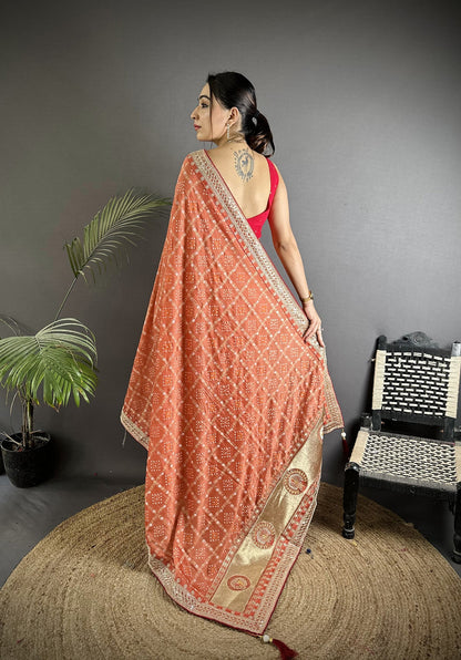Elora Peach Vichitra Silk Bandhej Bandhani With Stone & Sequence Work Saree