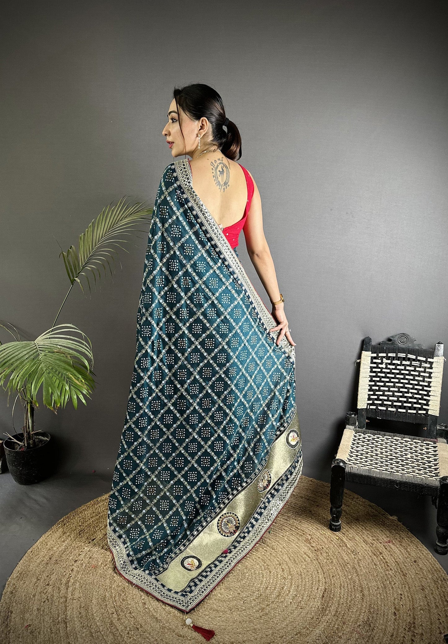 Elora Navy Blue Vichitra Silk Bandhej Bandhani With Stone & Sequence Work Saree