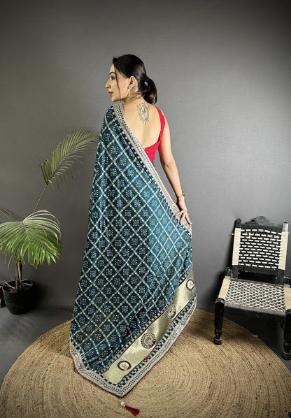 Elora Navy Blue Vichitra Silk Bandhej Bandhani With Stone & Sequence Work Saree