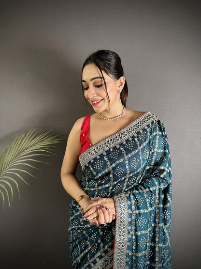 Elora Navy Blue Vichitra Silk Bandhej Bandhani With Stone & Sequence Work Saree
