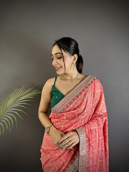 Elora Baby Pink Vichitra Silk Bandhej Bandhani With Stone & Sequence Work Saree