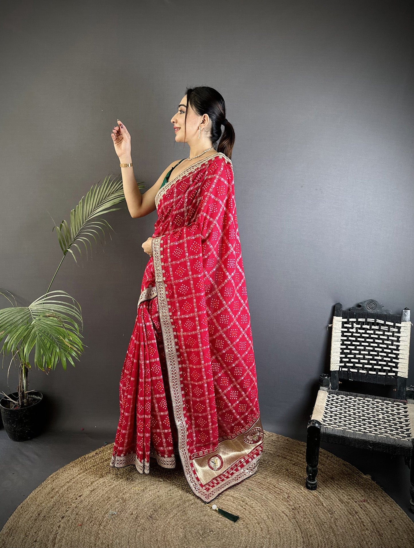Elora Hot Pink Vichitra Silk Bandhej Bandhani With Stone & Sequence Work Saree