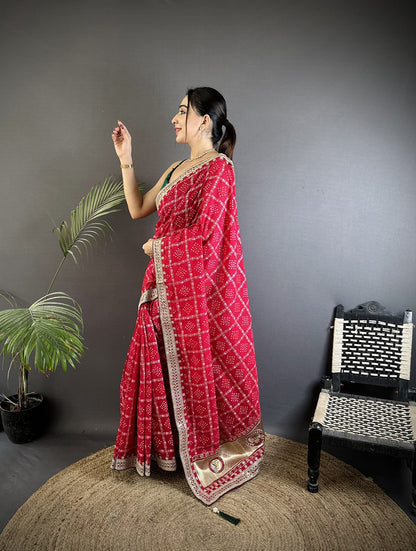 Elora Hot Pink Vichitra Silk Bandhej Bandhani With Stone & Sequence Work Saree