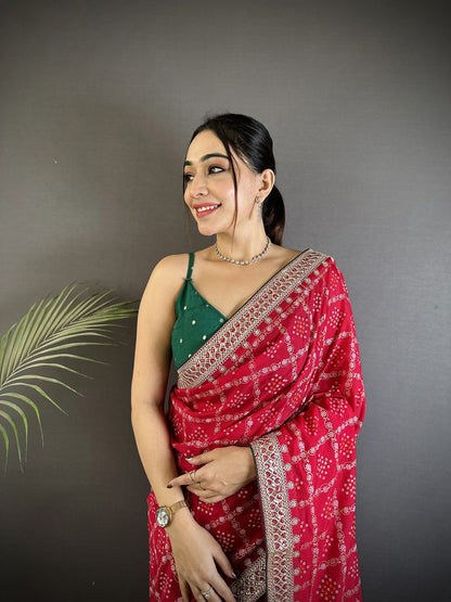 Elora Hot Pink Vichitra Silk Bandhej Bandhani With Stone & Sequence Work Saree
