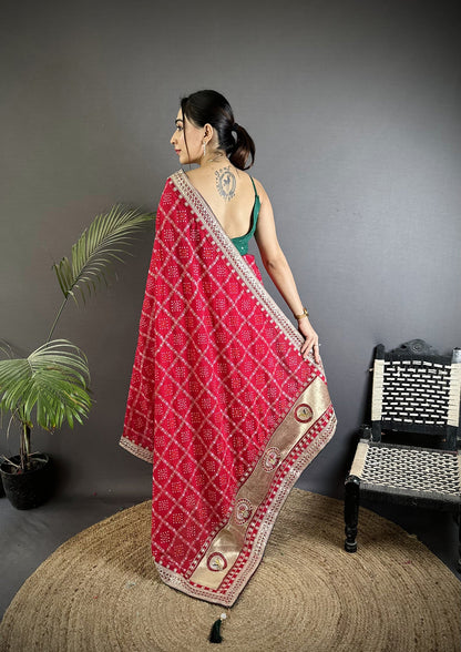 Elora Hot Pink Vichitra Silk Bandhej Bandhani With Stone & Sequence Work Saree