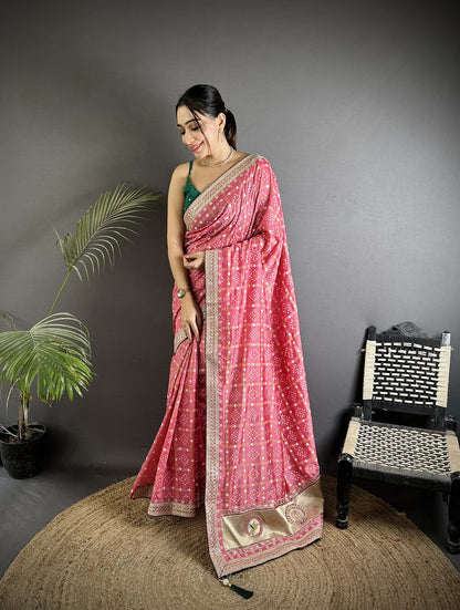Elora Dusty Pink Vichitra Silk Bandhej Bandhani With Stone & Sequence Work Saree