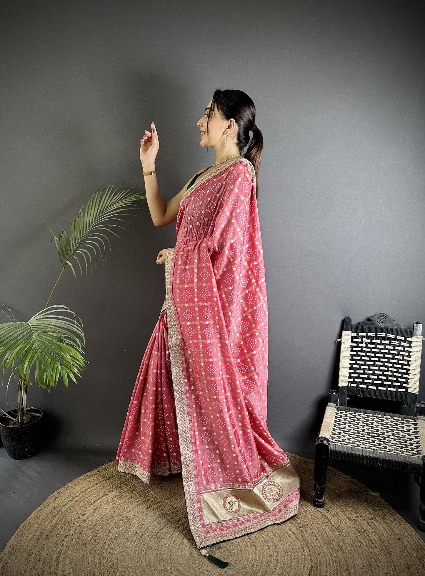 Elora Dusty Pink Vichitra Silk Bandhej Bandhani With Stone & Sequence Work Saree