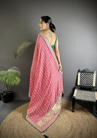 Elora Dusty Pink Vichitra Silk Bandhej Bandhani With Stone & Sequence Work Saree