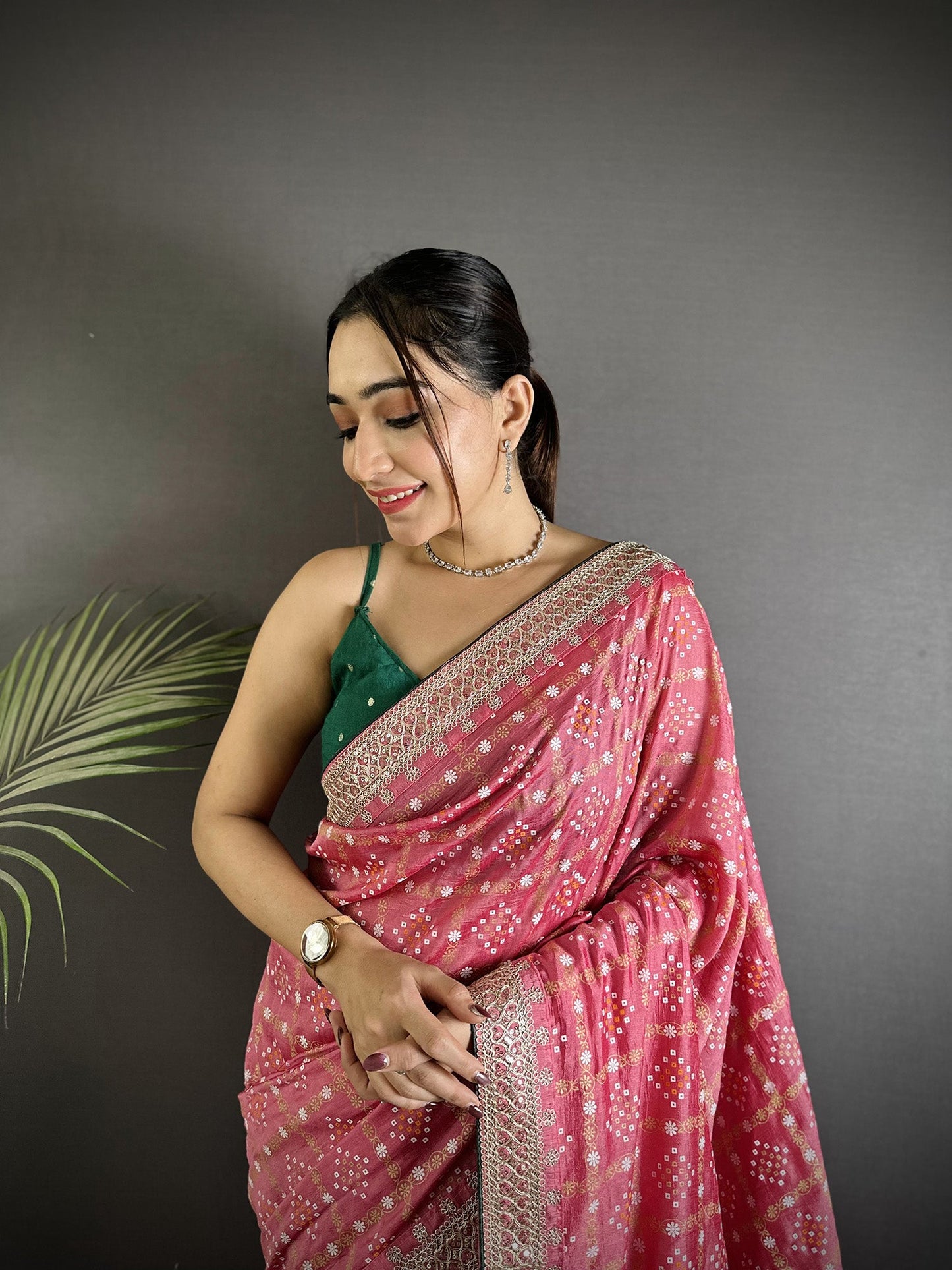 Elora Dusty Pink Vichitra Silk Bandhej Bandhani With Stone & Sequence Work Saree
