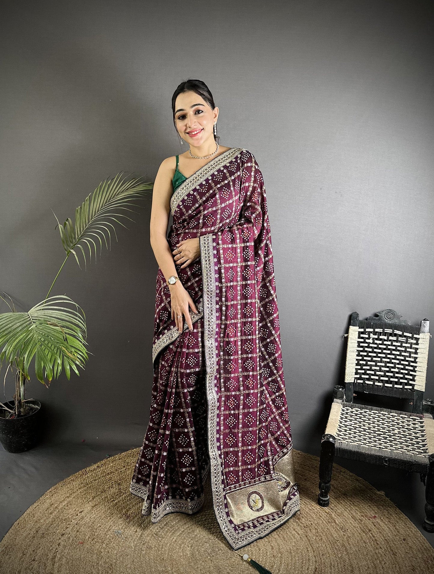 Elora Wine Vichitra Silk Bandhej Bandhani With Stone & Sequence Work Saree