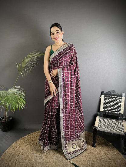 Elora Wine Vichitra Silk Bandhej Bandhani With Stone & Sequence Work Saree