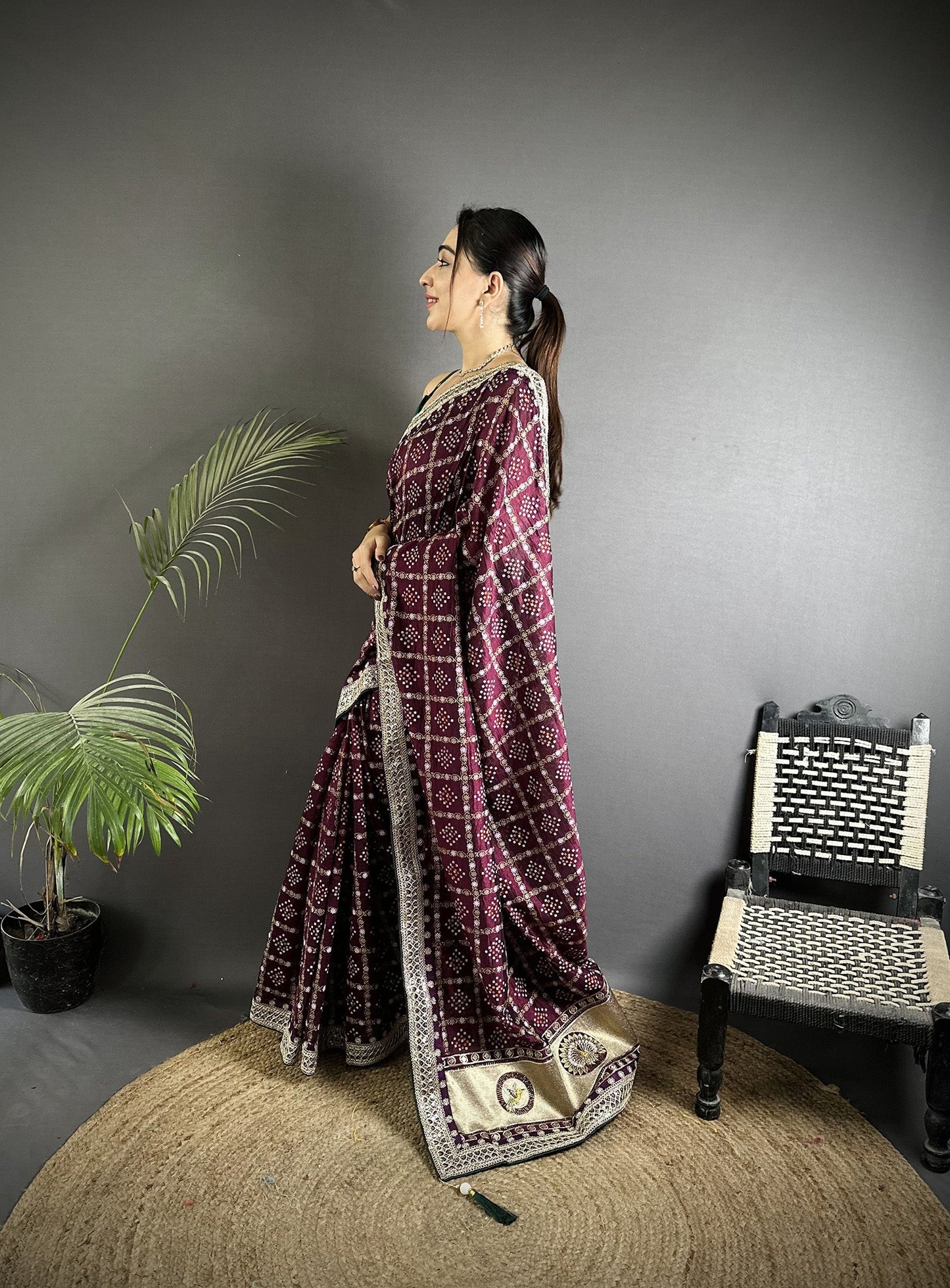 Elora Wine Vichitra Silk Bandhej Bandhani With Stone & Sequence Work Saree