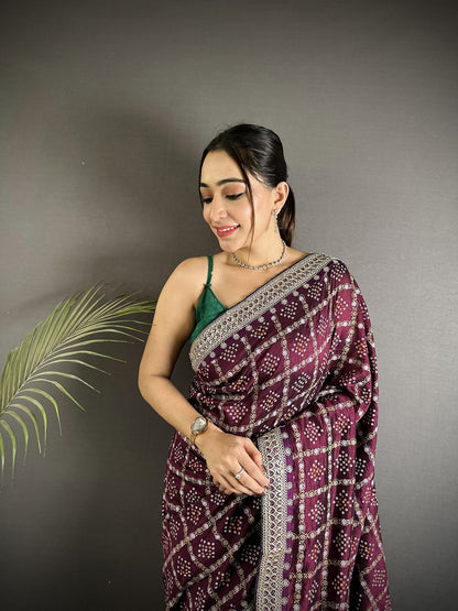 Elora Wine Vichitra Silk Bandhej Bandhani With Stone & Sequence Work Saree
