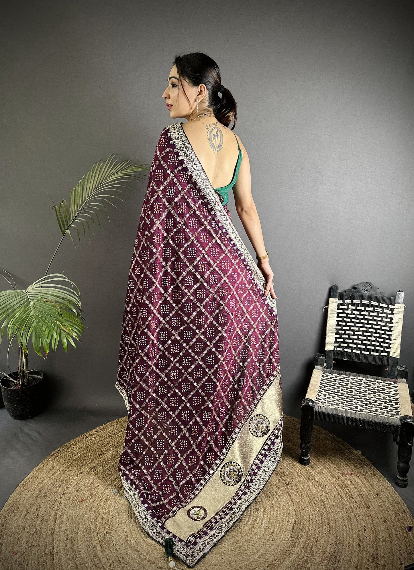 Elora Wine Vichitra Silk Bandhej Bandhani With Stone & Sequence Work Saree