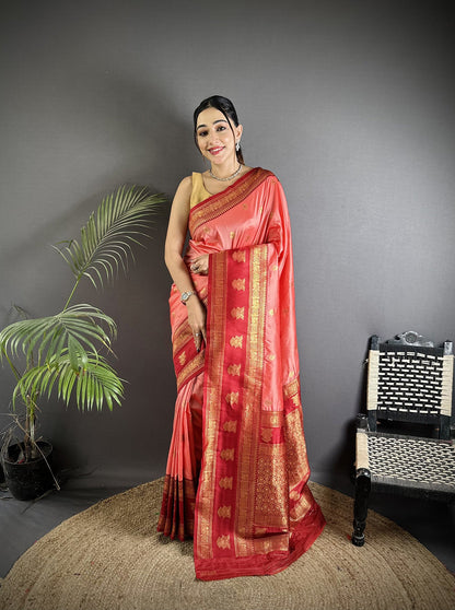 Elora Peach Soft Silk Banarasi Zari Woven Butti Weaving Saree