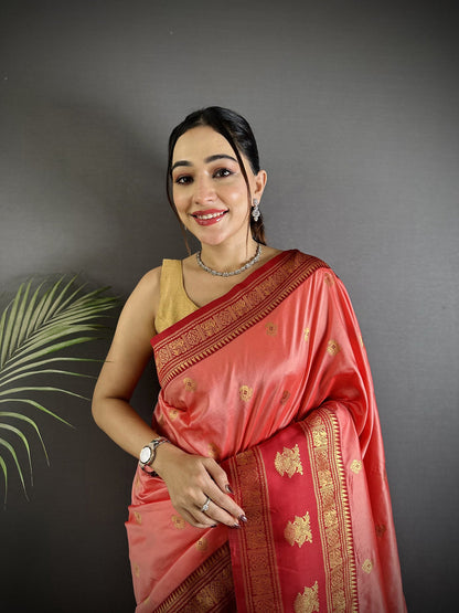 Elora Peach Soft Silk Banarasi Zari Woven Butti Weaving Saree