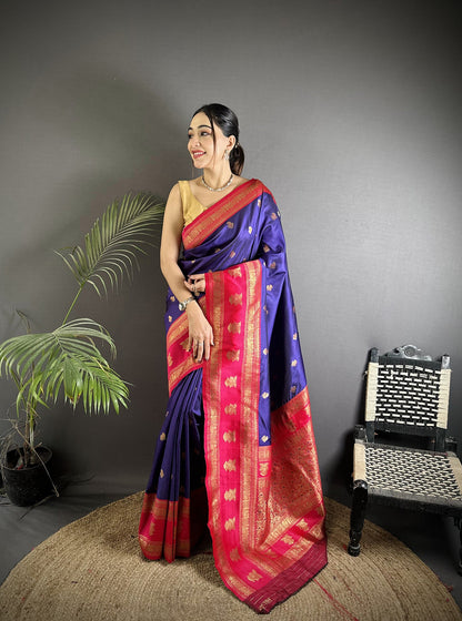 Elora Navy Blue Soft Silk Banarasi Zari Woven Butti Weaving Saree