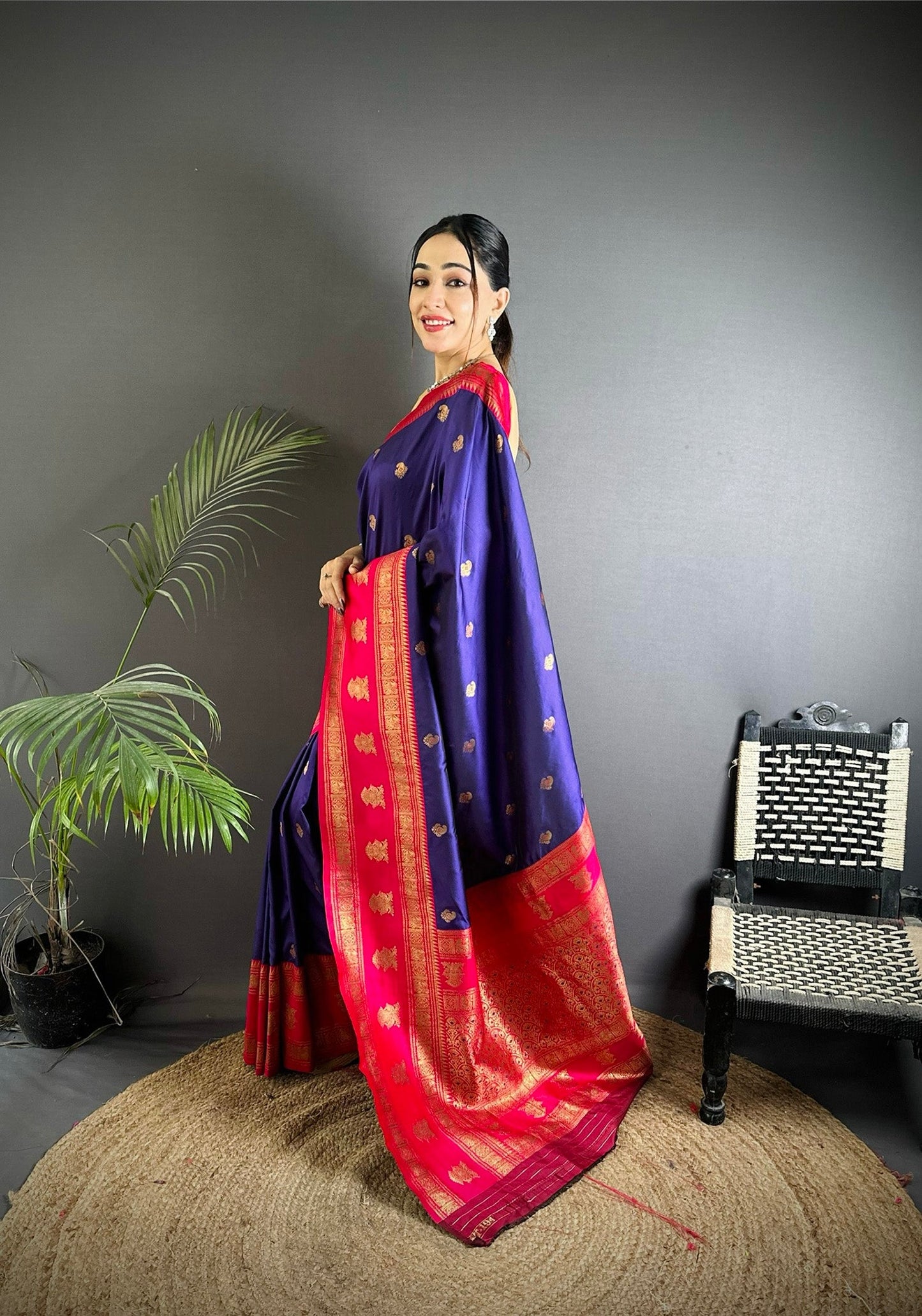 Elora Navy Blue Soft Silk Banarasi Zari Woven Butti Weaving Saree