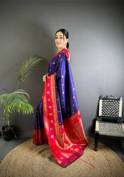 Elora Navy Blue Soft Silk Banarasi Zari Woven Butti Weaving Saree
