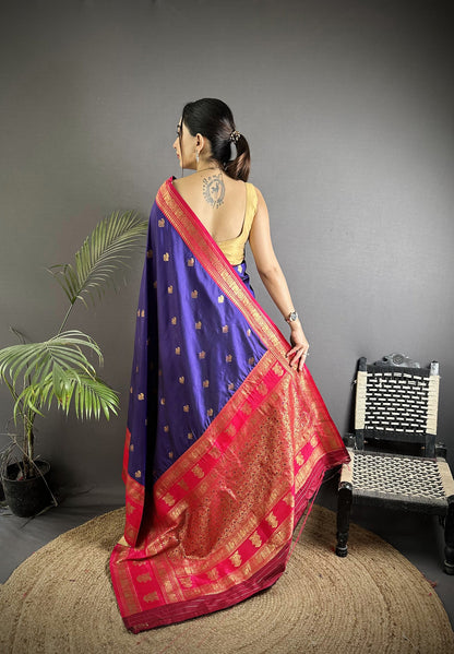 Elora Navy Blue Soft Silk Banarasi Zari Woven Butti Weaving Saree