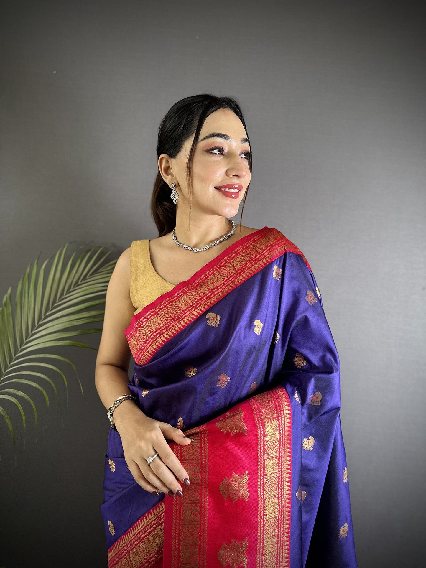 Elora Navy Blue Soft Silk Banarasi Zari Woven Butti Weaving Saree