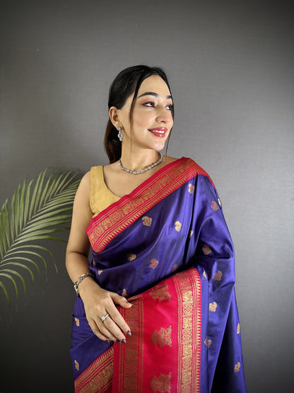 Elora Navy Blue Soft Silk Banarasi Zari Woven Butti Weaving Saree