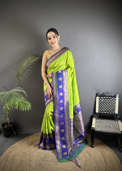 Elora Parrot Green Soft Silk Banarasi Zari Woven Butti Weaving Saree