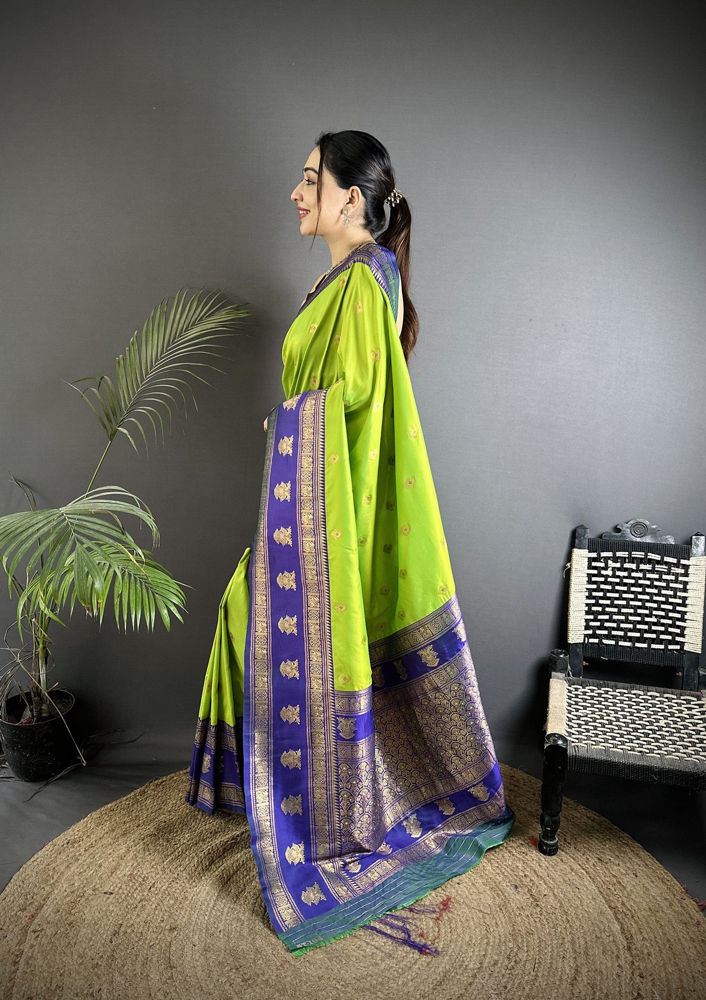 Elora Parrot Green Soft Silk Banarasi Zari Woven Butti Weaving Saree