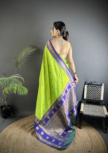 Elora Parrot Green Soft Silk Banarasi Zari Woven Butti Weaving Saree