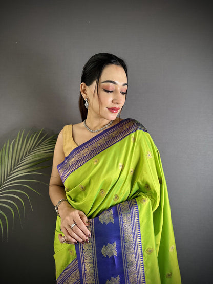 Elora Parrot Green Soft Silk Banarasi Zari Woven Butti Weaving Saree