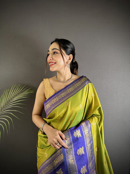 Elora Green Soft Silk Banarasi Zari Woven Butti Weaving Saree