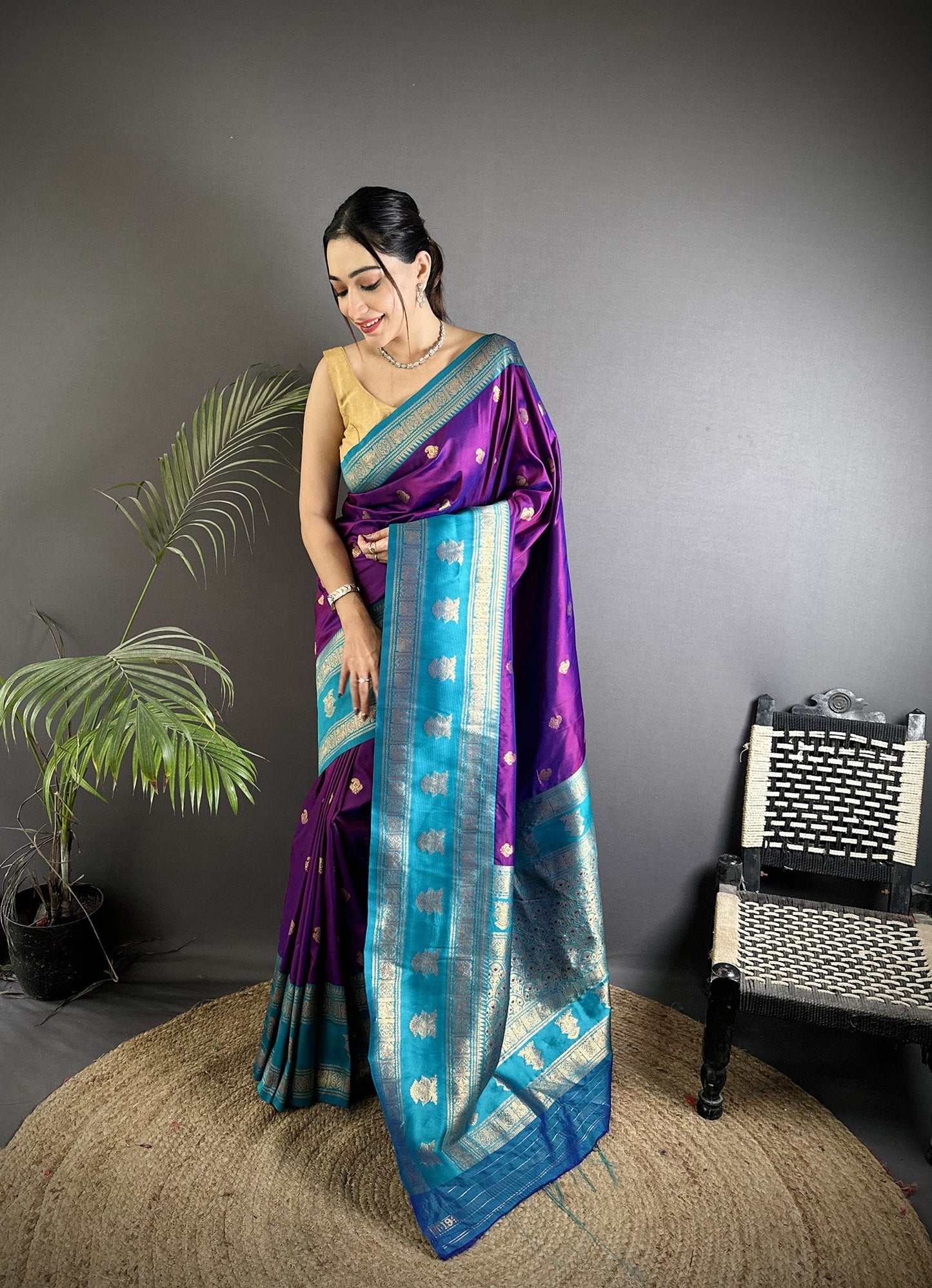 Elora Purple Soft Silk Banarasi Zari Woven Butti Weaving Saree