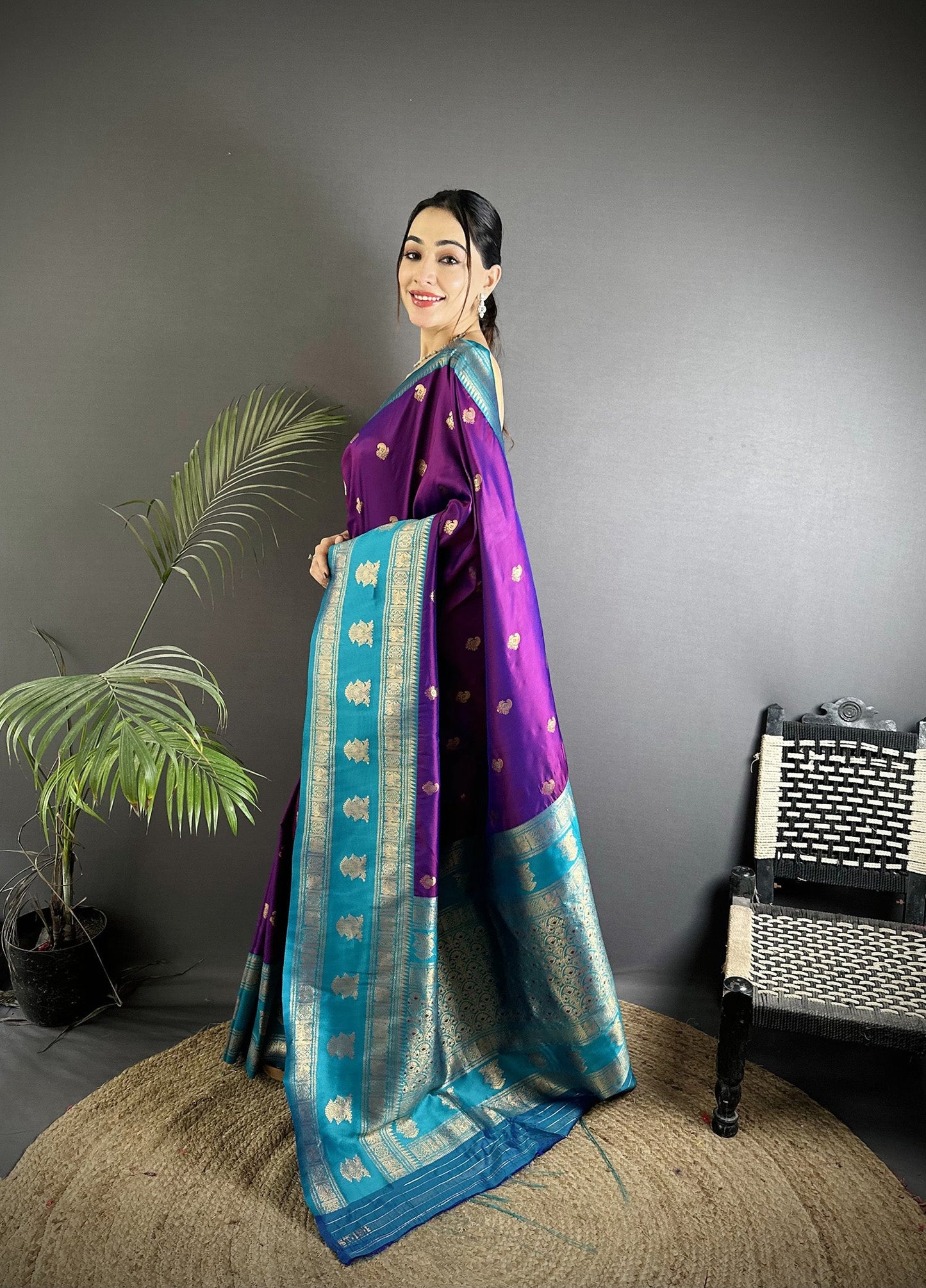 Elora Purple Soft Silk Banarasi Zari Woven Butti Weaving Saree