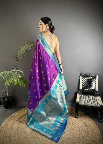 Elora Purple Soft Silk Banarasi Zari Woven Butti Weaving Saree
