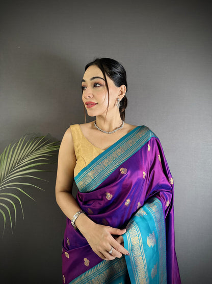 Elora Purple Soft Silk Banarasi Zari Woven Butti Weaving Saree