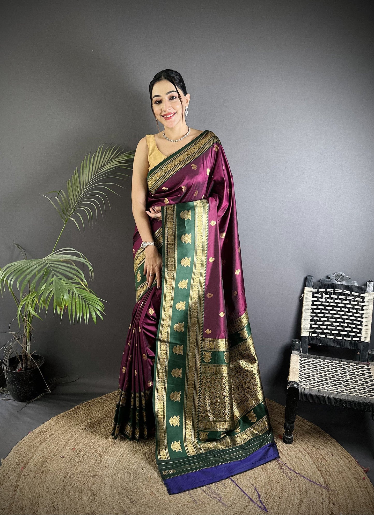 Elora Wine Soft Silk Banarasi Zari Woven Butti Weaving Saree