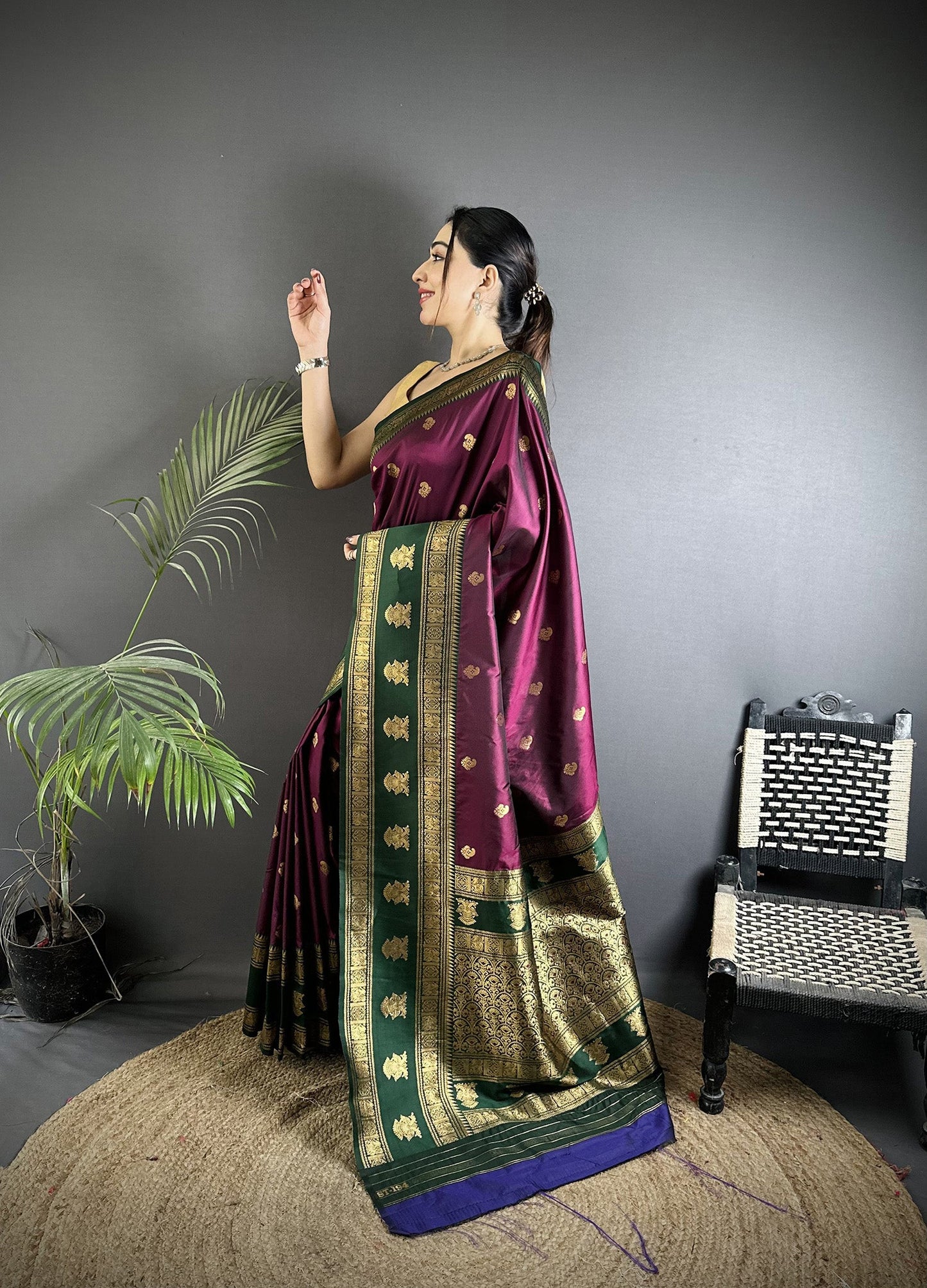 Elora Wine Soft Silk Banarasi Zari Woven Butti Weaving Saree