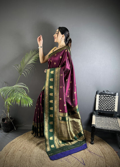 Elora Wine Soft Silk Banarasi Zari Woven Butti Weaving Saree