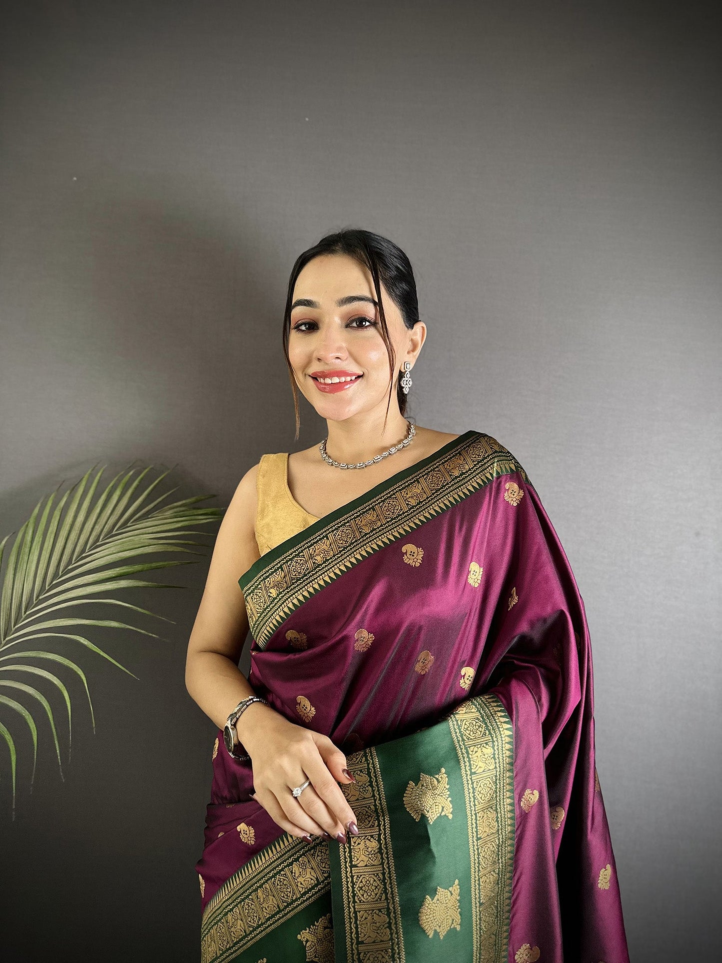 Elora Wine Soft Silk Banarasi Zari Woven Butti Weaving Saree