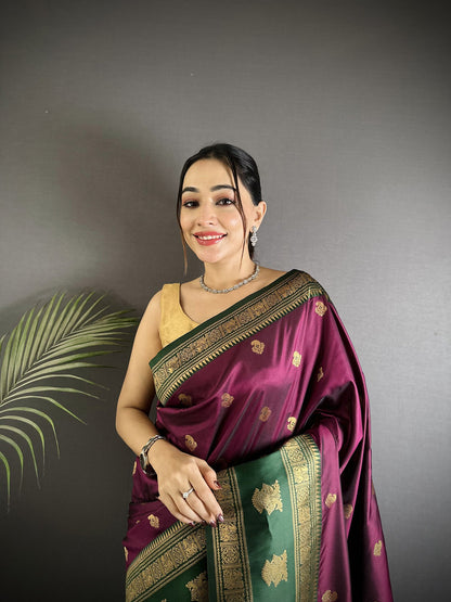 Elora Wine Soft Silk Banarasi Zari Woven Butti Weaving Saree