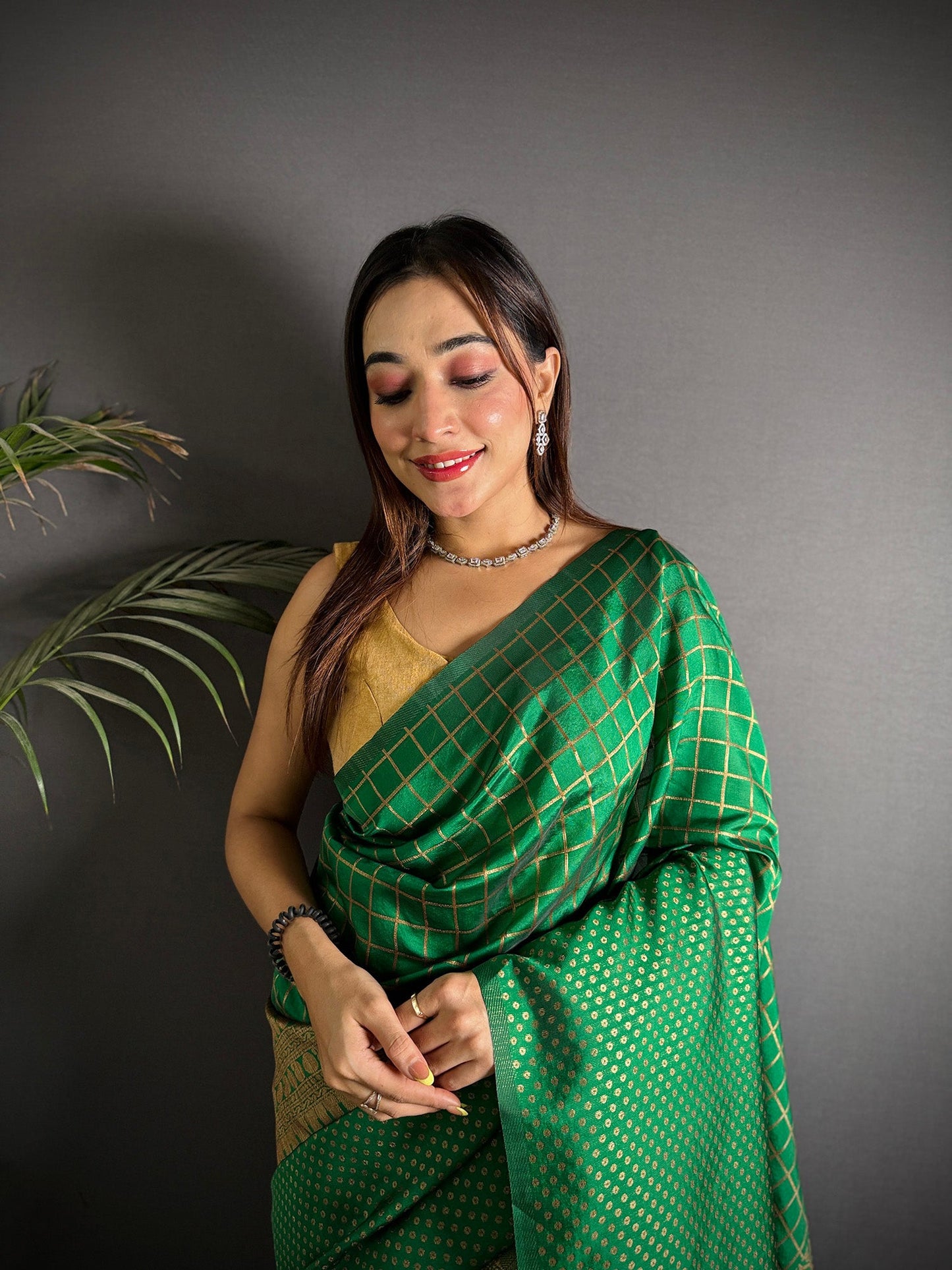 Elora Emerald Green Soft Lichi Silk Banarasi Khicha Zari Work Saree