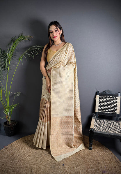 Elora Off White Soft Lichi Silk Banarasi Khicha Zari Work Saree